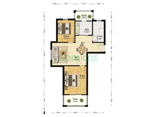学士府 2室1厅1卫 87平方