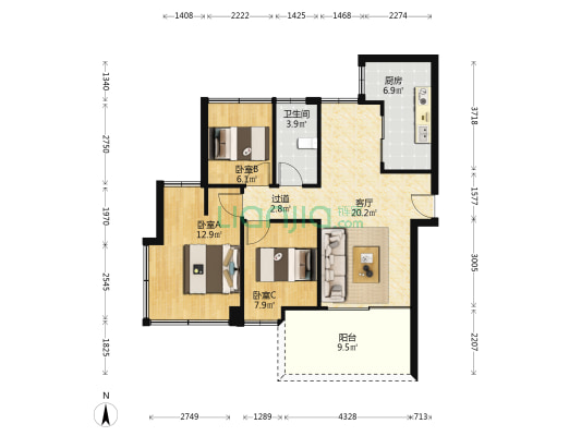 卓越招商臻珑府 3室1厅1卫 78平方