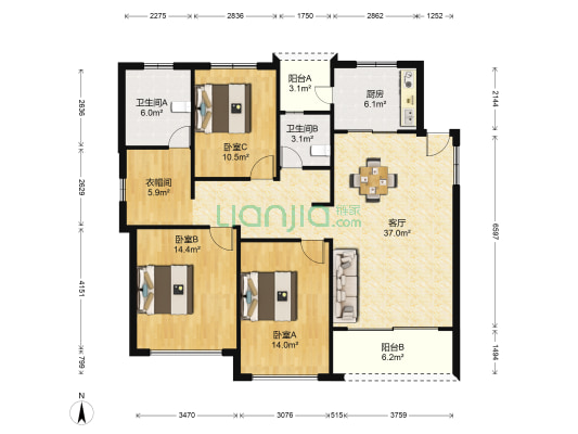 清芷园 3室1厅2卫 140平方