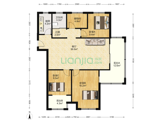 莉湖花园 3室1厅1卫 129平方