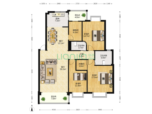 水岸枫林 3室2厅2卫 149平方