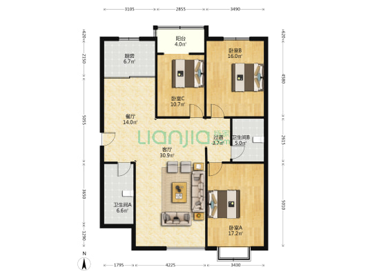 北晨华苑 3室2厅2卫 150平方