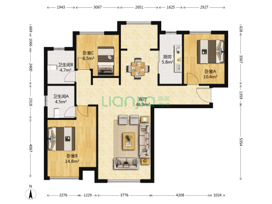 狮子城海棠园 3室1厅2卫 123平方