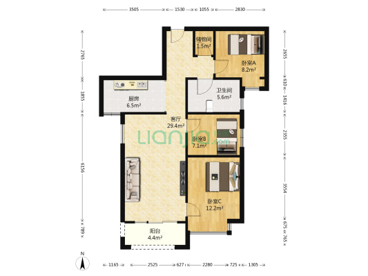 金地南湖艺境一期 3室1厅1卫 98平方