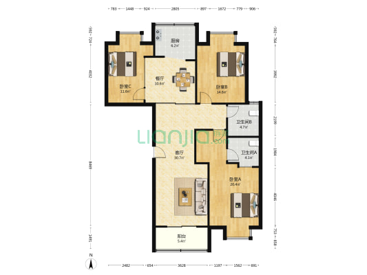 永康花园 3室2厅2卫 144平方