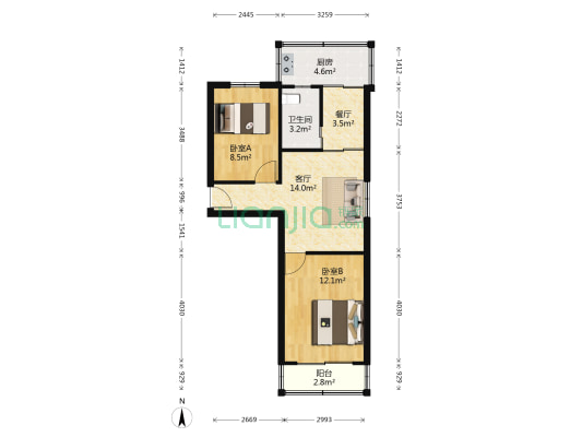 桃花山庄 2室2厅1卫 61平方