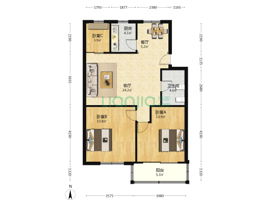 杨府山小区 3室2厅1卫 90平方