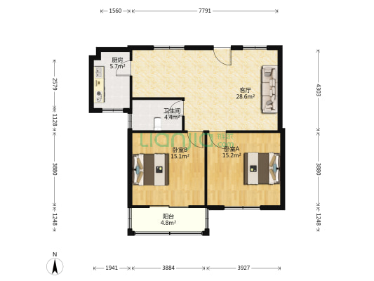 海棠别院北区 2室1厅1卫 93平方