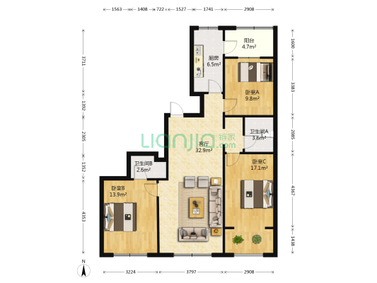 紫金苑 3室1厅2卫 121平方
