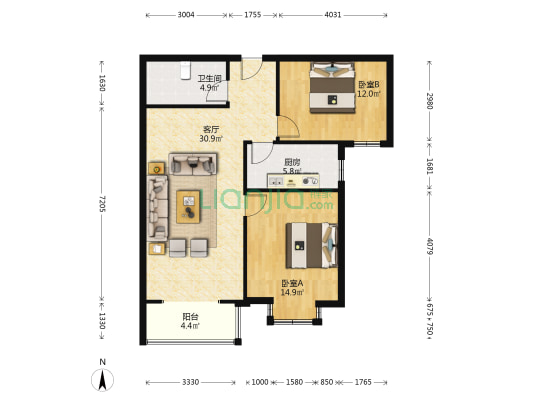 德信公园旁的房子，交通便利，景色优美，大两居-户型图