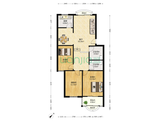 千禧名苑 2室1厅2卫 107平方