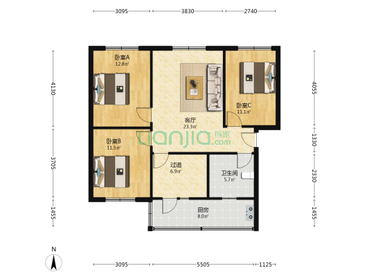 工业大道西段212号 3室1厅1卫 105平方