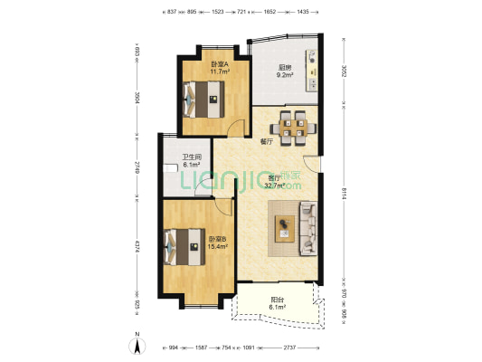上海阳城 2室1厅1卫 91平方