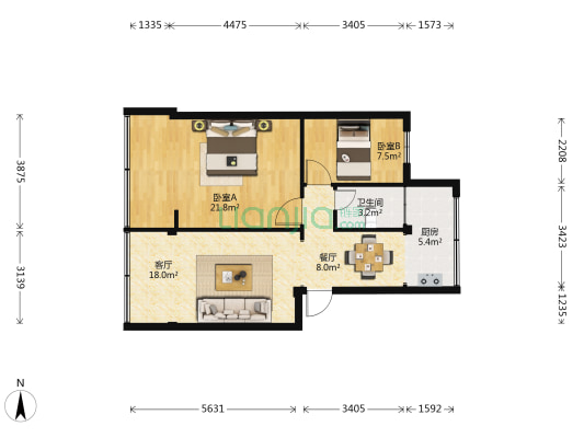 中国人民银行官渡区支行 2室2厅1卫 59平方