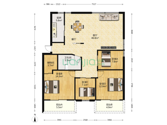兴元公寓 4室1厅1卫 133平方