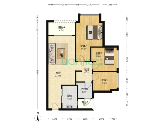 万科清水甲第明德 3室1厅1卫 84平方