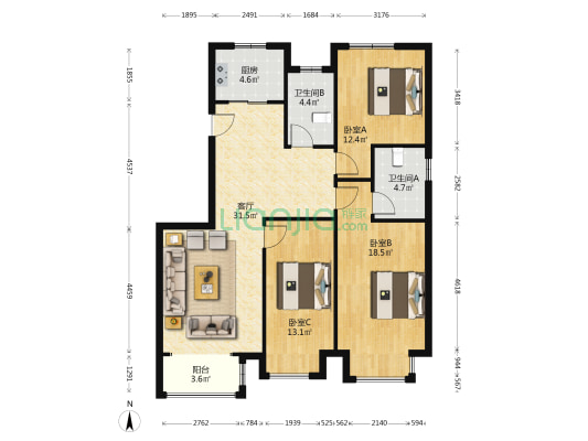 天地新城 3室2厅 南 北-户型图