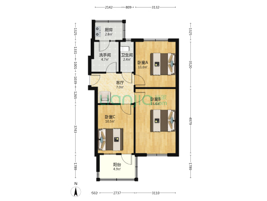 消防后家属楼 3室1厅2卫 65平方