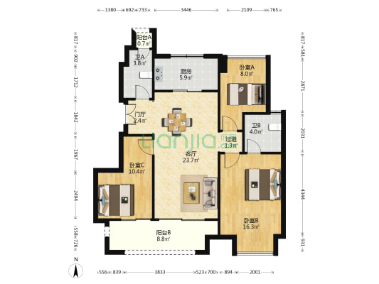 万科四季花城2期云锦 3室1厅2卫 101平方