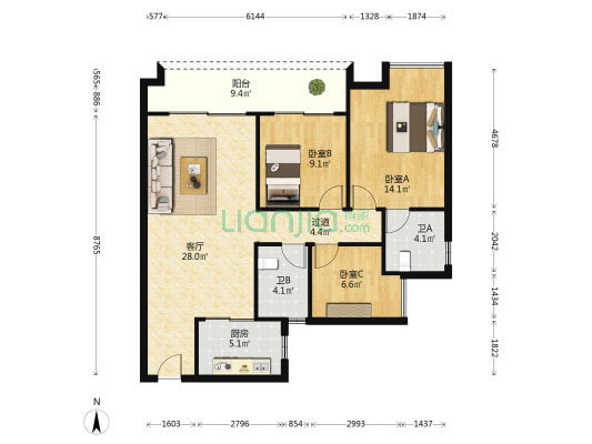 保利天耀花园 3室1厅2卫 100平方