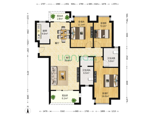 蓝光观澜府 3室1厅2卫 116平方