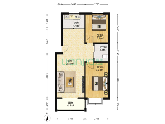 御景嘉园 2室1厅1卫 92平方