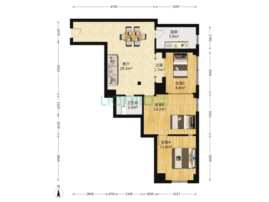 理想大厦 3室1厅1卫 118平方