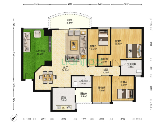 富力广场S区 3室1厅2卫 160平方