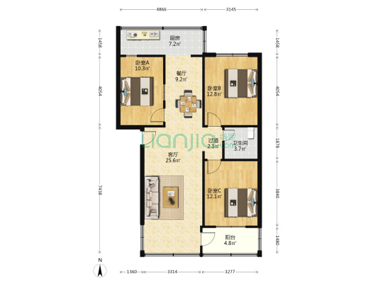汇天小区 3室2厅1卫 85平方