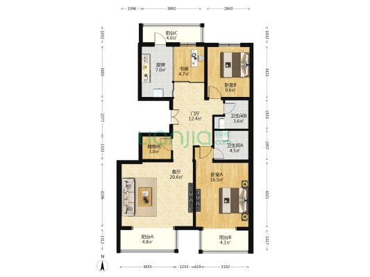 观湖国际南院 3室1厅2卫 124平方