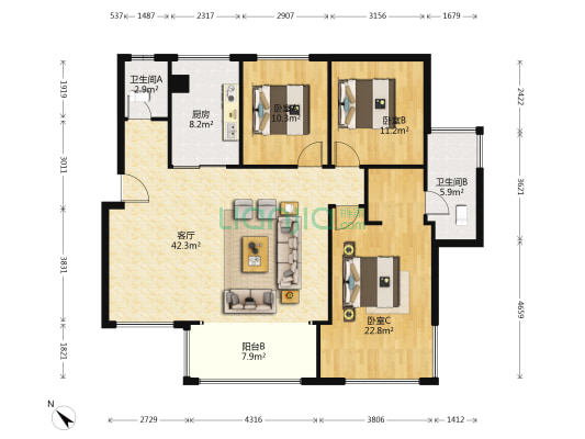 优品道锦绣 3室1厅2卫 135平方