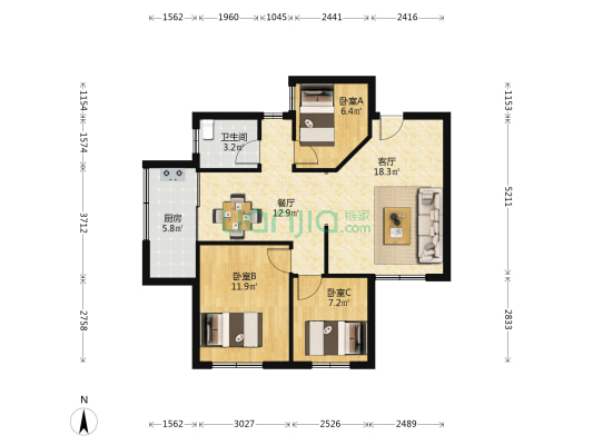 中信花园 3室2厅1卫 79平方