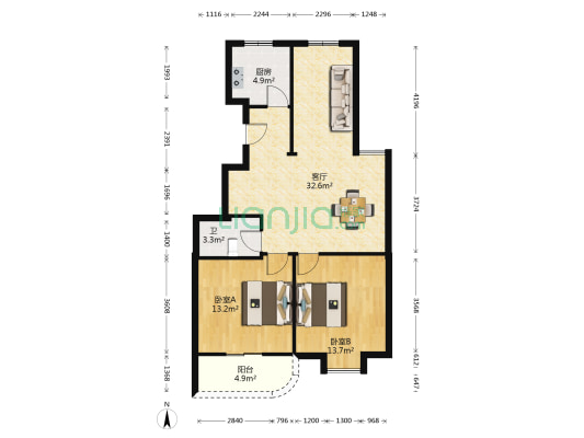 高锦花苑A区 2室1厅1卫 87平方