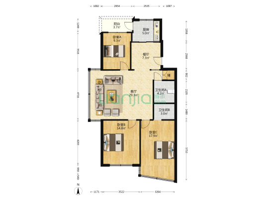 繁华公寓 3室2厅2卫 120平方