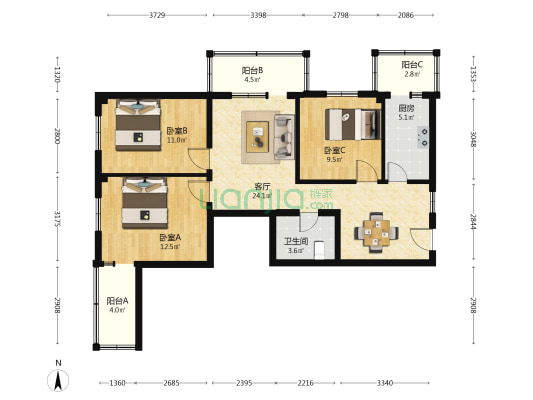 北三环中路甲43号院 3室1厅1卫 100平方