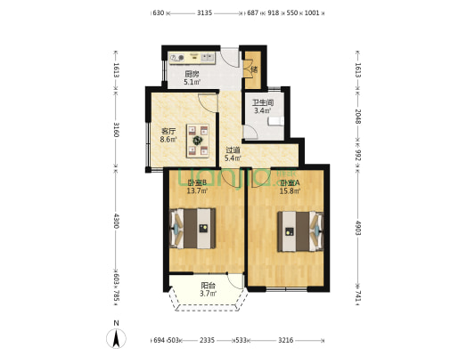 高层小区 2室1厅1卫 87平方