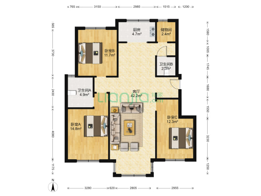金侨宸公馆 3室1厅2卫 128平方