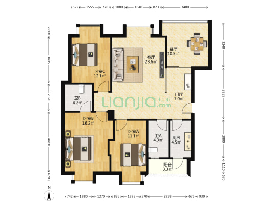 海彤温泉花苑  3室2厅2卫 117平方