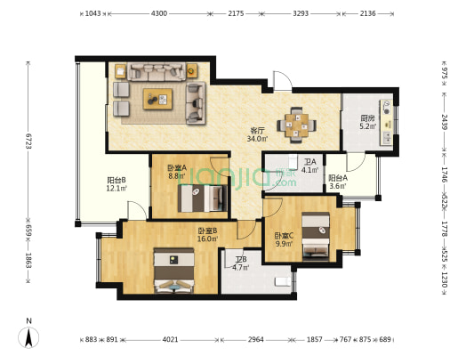 卧龙城 3室1厅2卫 110平方