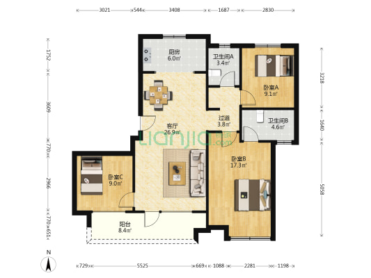 和昌海云曦岸 3室1厅2卫 120平方
