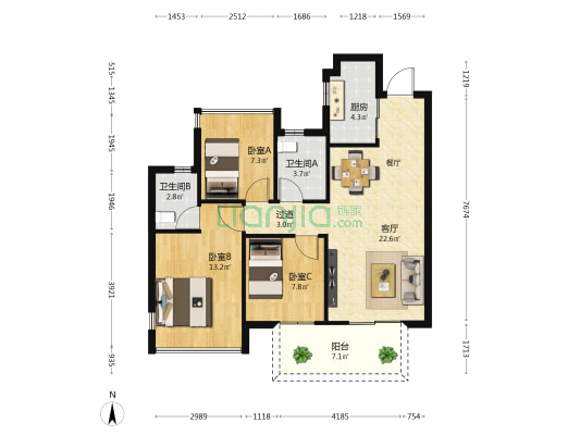 金成江南壹品 3室1厅2卫 89平方