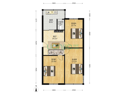 新添大道南段145号 3室1厅1卫 90平方