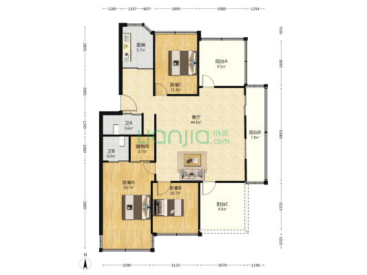 米莉沙花苑 3室1厅2卫 121平方