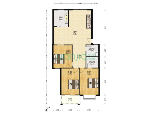 江滩花园 3室1厅2卫 127平方