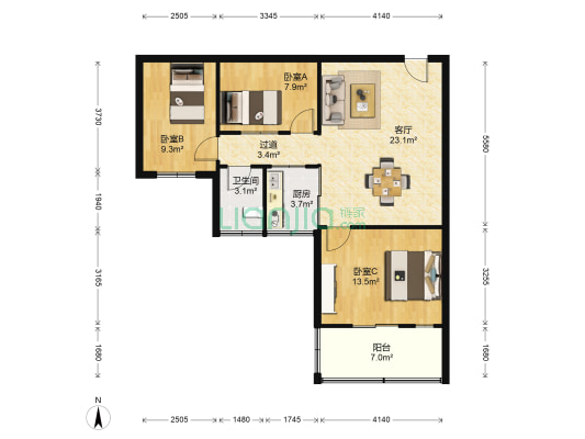 金影花园 3室1厅1卫 86平方