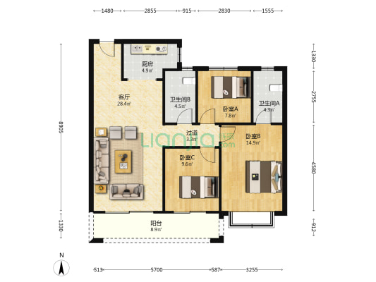 恒实城央名筑 3室1厅2卫 116平方