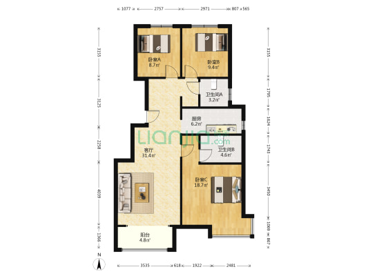 孔雀城大学里三期 3室1厅2卫 110平方
