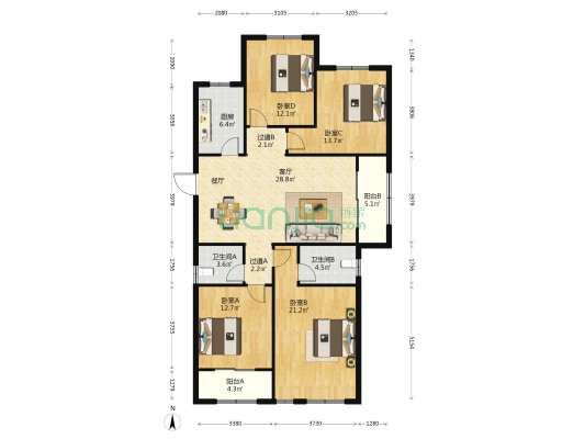 洋江名苑 4室1厅2卫 159平方