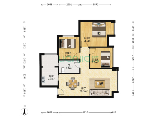 汇智栖岸名居 3室1厅1卫 78平方