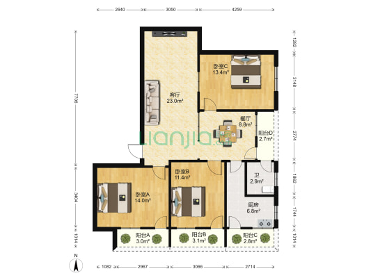 粮食局琼山分局职工宿舍 3室2厅1卫 104平方
